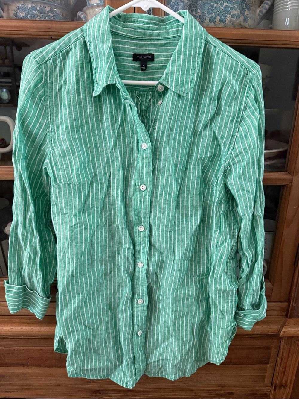 Talbots Green and White Striped 100% Linen Button-Down Shirt